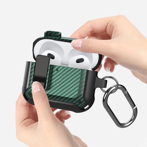 For Airpods 4th/3rd/2/1/Pro 2nd Carbon Fiber Rugged Shockproof Keychain Case - Picture 3 of 19