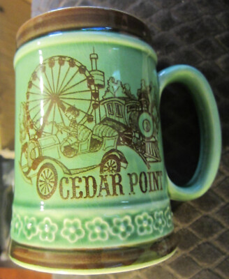 1 ad CEDAR POINT Mug,Cup Sandusky OH old car,train,ferris wheel,needle,GREEN,VTG