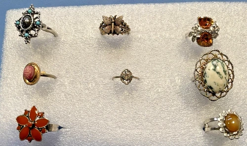 Mixed Lot 8 VTG Fashion Costume Jewelry Rings ADJUSTABLE TURQUOISE BUTTERFLY