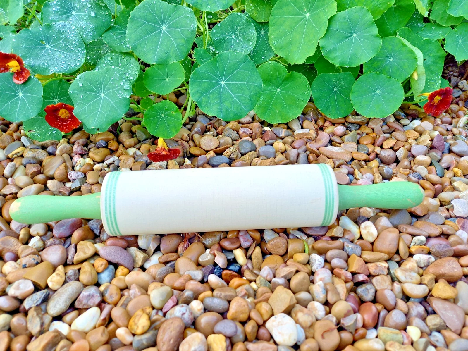 Antique Ceramic Green and Cream Rolling Pin with Wooden Handles