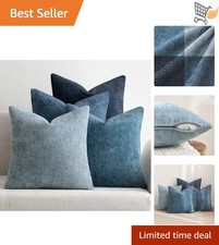Pack of 4 16x16 Inch Neutral Blue Chenille Throw Pillow Covers Bed/Living Roo...