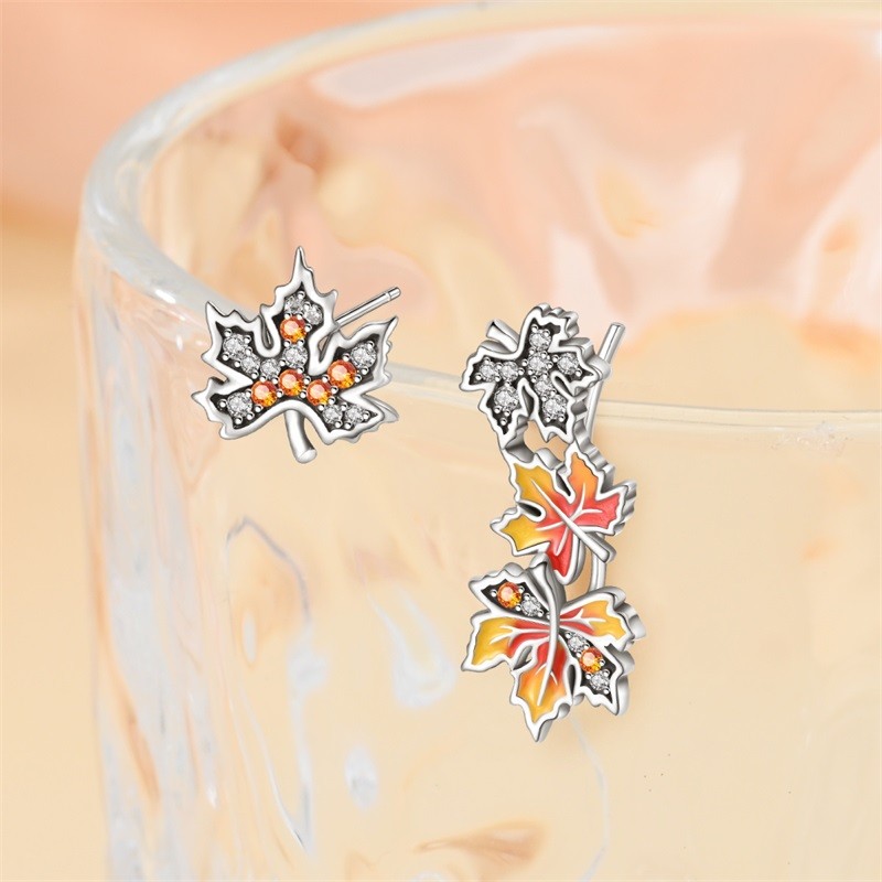 KUNSIR 925 Sterling Silver Asymmetry Maple Leaf Stud Earrings For Women Jewelry