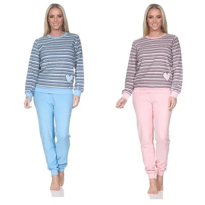 NORMANN Neu Frauen/Damen Frottee Schlafanzug/PYJAMA Rosa/Blau Baumwolle Bündchen 3802