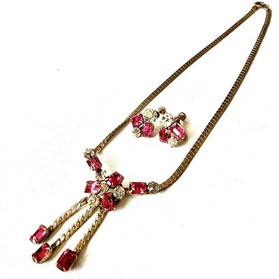 Vtg Demi Parure Necklace Screw Back Earring Set Pink And White Early Haskell ?
