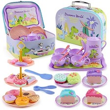41 Pcs Dinosaurs Kids Tea Party Set with Carrying Case Dinosaurs Tea Set
