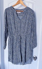 Loft blue geometric sundress Cinch waist long sleeve swing dress Size Large