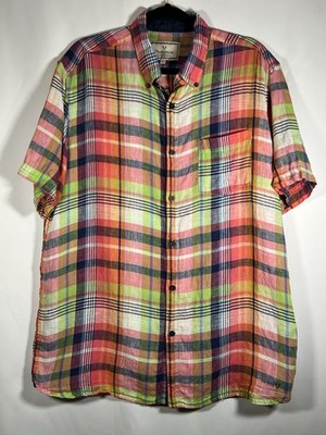 Men s Linen Button Up Short Sleeve Multi Colored Plaid Size L Resort Beach