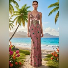 Elegant dusty Pink hand, beaded Evening Gown - Peacock Motif stretch fit