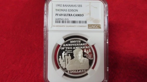 1992 BAHAMAS SILVER 5 DOLLARS THOMAS EDISON NGC PF 69 ULTRA CAMEO TOP POP