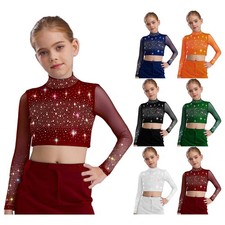 Girls Crop Top Sparkling Lyrical Dance Cheerleading Costume Rhinestone Tees