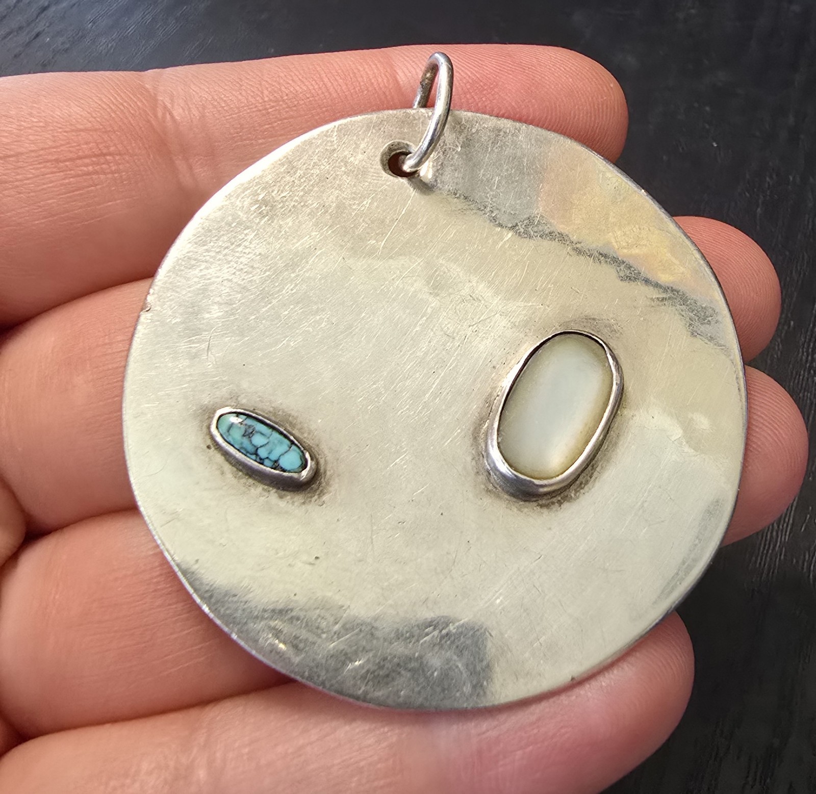 Sterling Silver Modernist Disk MOP Turquoise Pend… - image 2