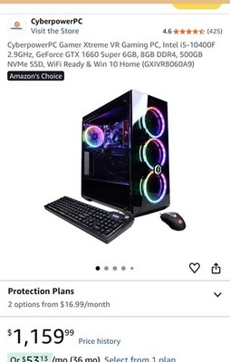 CyberPowerPC Gamer Xtreme VR GXIVR8060A9 i5-10400F GTX1660S 8GB 500GB SSD