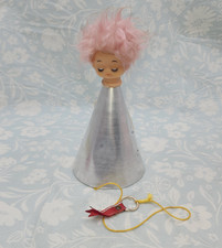 Vintage pink hair silver Cone Puppet Elf figurine musical Christmas