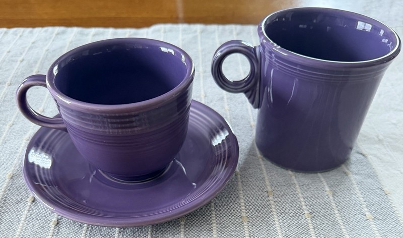 Fiestaware Lilac purple tea cup, saucer, and ring handled mug.