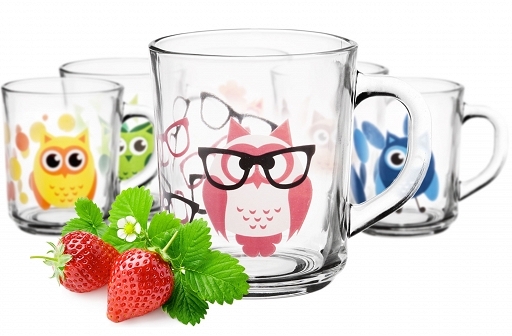 6 tazas motivo búho platos, vajilla Cristal Asa 250ml de té kindergläser