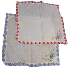 Vintage Lace Edge Handkerchieves. Set of 2. Floral. Red Blue Purple