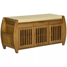 Hallway Shoe Bench W/Storage Cabinets Bamboo 3-Doors Bench W/Cushion, Brown