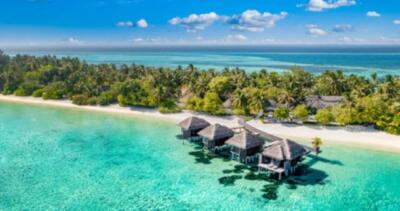 Wandbild: Luftaufnahme der Malediven Island, Luxus Water Villas Resort. [...]