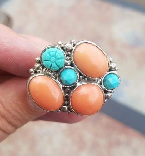 VINTAGE 925 POLISHED CORAL TURQUOISE STERLING SILVER RING ESTATE SALE - Picture 10 of 12