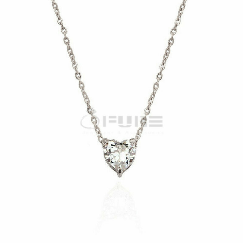 Women Silver Tone Floating Diamond Solitaire Heart Pendant Cable