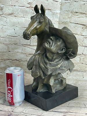 Vintage Style Western Sculpture Statue Cowboy  His Horse14'' Tall Bronze Figure
