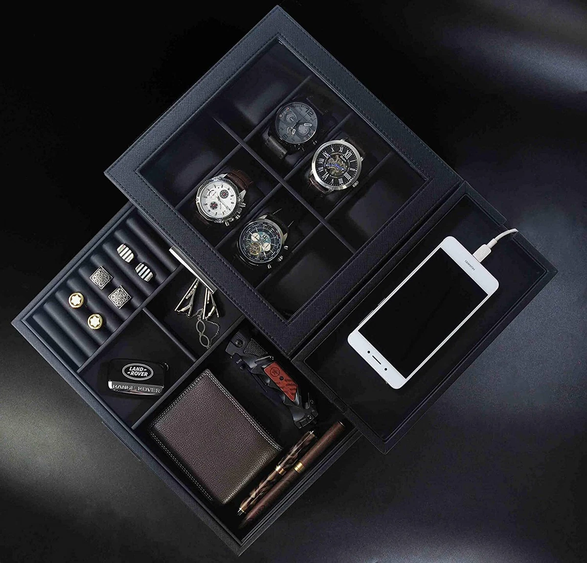 Mens Watch Box Leather Valet Tray - Bedside Table Organizer, Men's