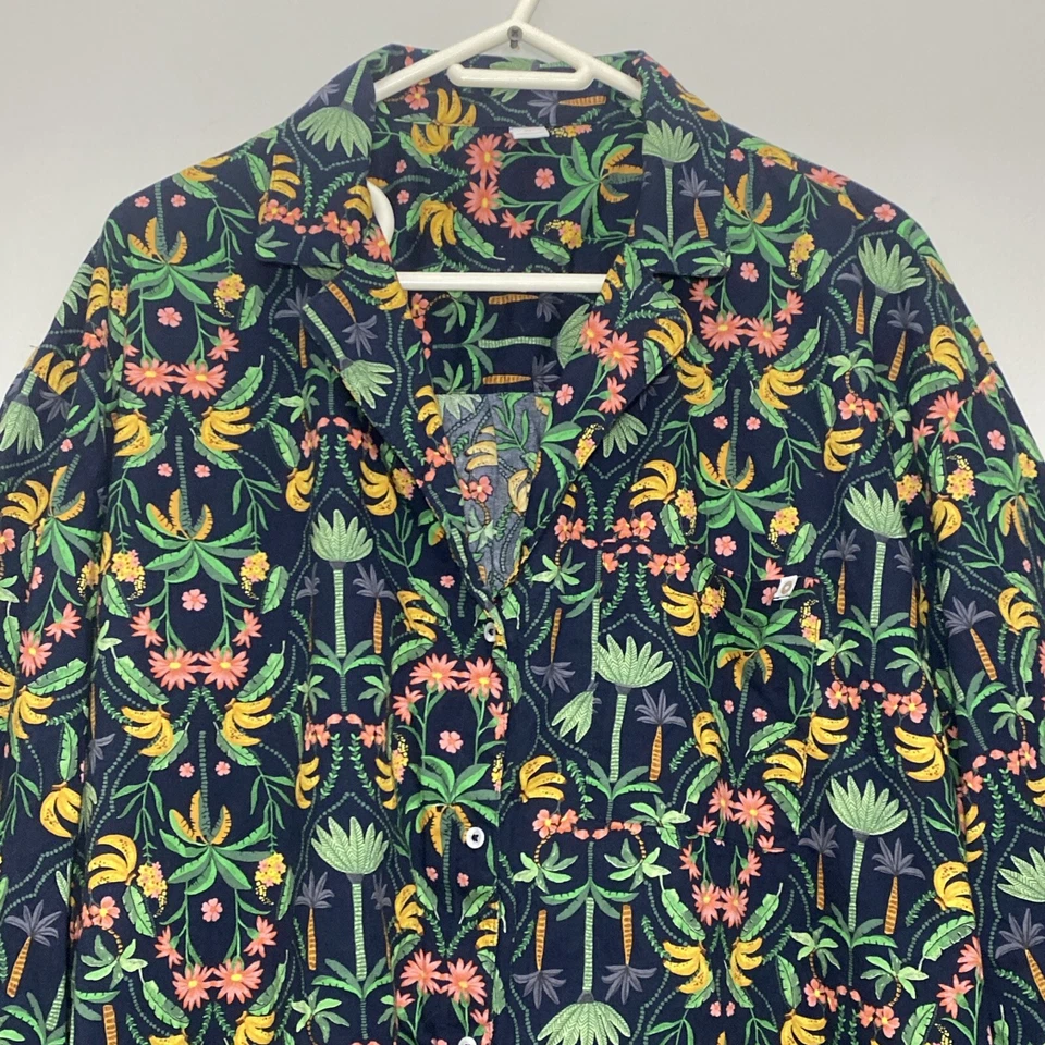 Top con botones estampado floral palmera plátano tropical azul marino antiguo para mujer XXL Foto 3 de 4