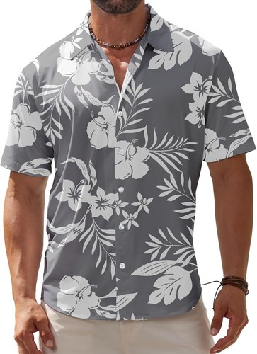 Men's Hawaiian Shirt Wrinkle-Free Short Sleeve Button-Down Floral Beach Shirt - Picture 8 of 45