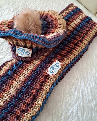 Set: Mütze und Loop, Winterset, Handarbeit, Braun-blau-beige - Bild 3 von 4