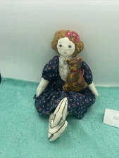 Sally Fabric Pillow Rag Doll With Teddy Bear-Brown Hair Blue Eyes 15” Tall