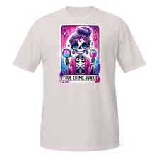 True Crime Junkie T-Shirt | Gothic Skeleton Tarot Design | Wine & Mystery Tee