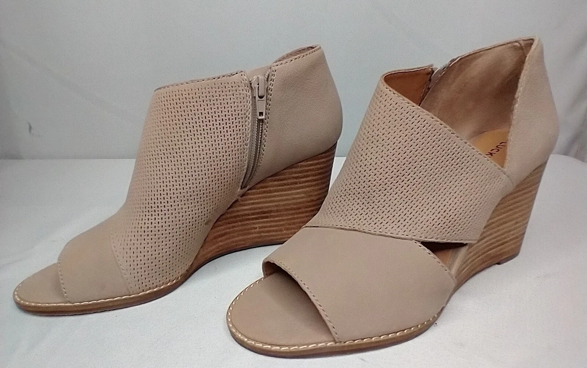 Lucky Brand Womens 9 Jedrek Leather Peep Toe Wedge Boots M Cream