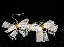 Jingle Bells Christmas Holiday Silver Fabric Bow Earrings
