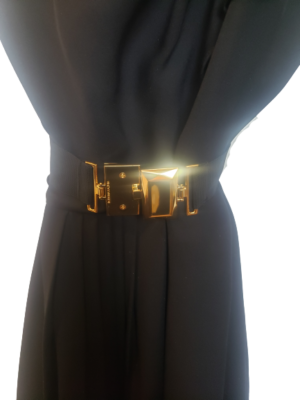 BCBG MAX AZRIA Black Dress with Gold Buckle Belt Asymmetrical Pleats Size  12 | eBay