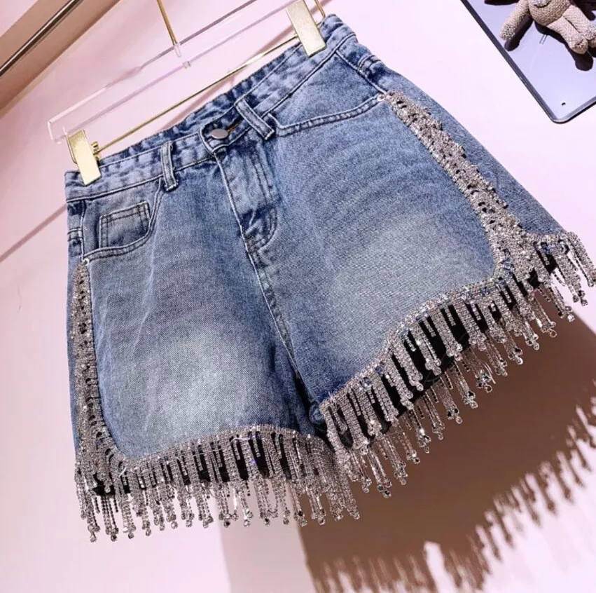 Festival Rhinestone Fringe High Waist Denim Diamond Beam Tassel Rave Party  Short