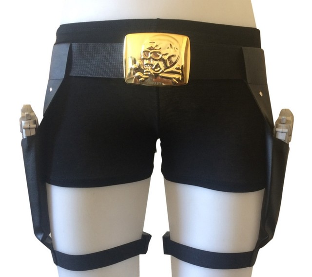 Lara Croft Fancy Dress Quality Leg Holsters 2 X Blue Guns Skull Buckle