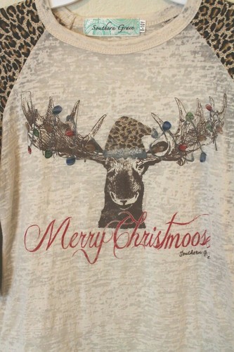 Southern Grace Girl's Animal Print Merry Christmas Moose Shirt Girl Size 8-10 - Picture 2 of 3