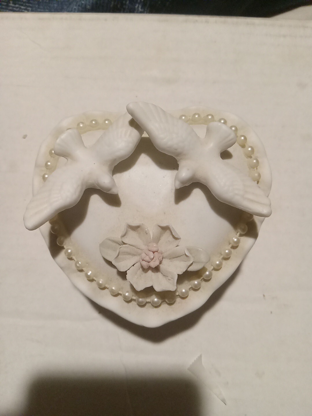 White Heart Shaped Ceramic Jewelry Box with Floral Dove Birds Design-image