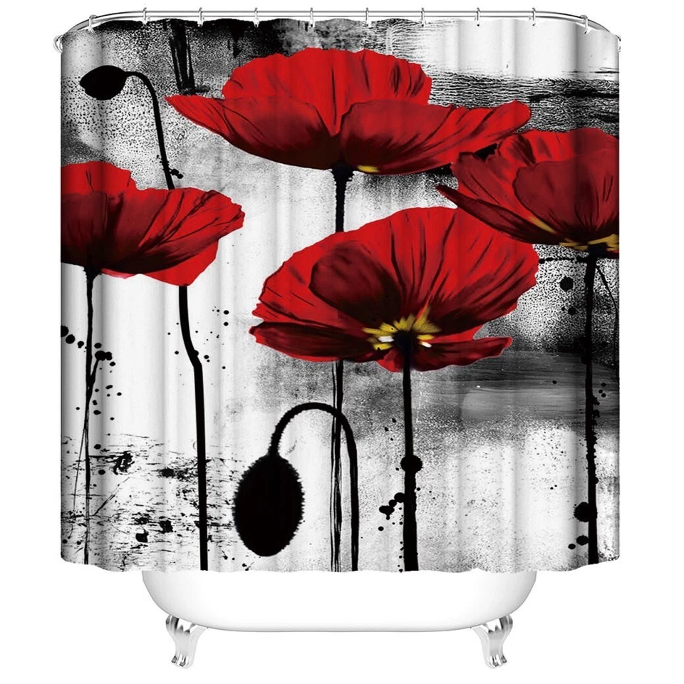 Alfombras de cortina de ducha rojas cubierta de tapa de inodoro alfombra de baño con 12 ganchos Foto 3 de 4