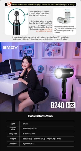 SMDV B240 HSS High-Speed Sync Photo Studio Lighting Flash Strobe for Flip Mount - Picture 3 of 21