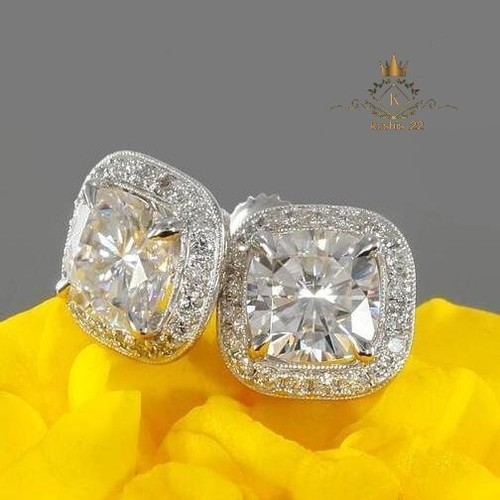 Moissanite Halo Stud Earrings Solid 14K White Gold 2.50 CT Cushion Cut For Women - Picture 3 of 10