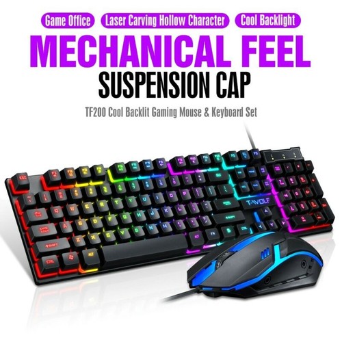 Rainbow LED Gaming Keyboard and Mouse Set Mechanical Feel LED Light Backlit USA - Picture 7 of 12