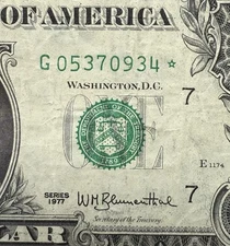 Series 1977 Star Note $1 Dollar Bill Vintage Currency Collectible For Collectors