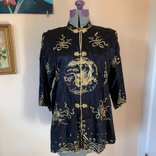 Chinese Silk VTG Jacket Wedding Gua Dragon Gold Thread Embroidery Hand Sewn XL
