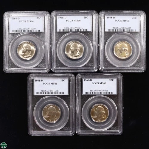 Lot of 5 - 1968-D Washington Quarter (Clad) PCGS MS66 - some toning