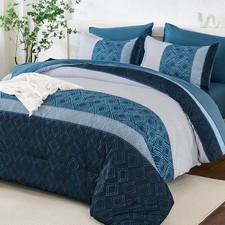 Navy Blue King Size Comforter Set,Striped Bed in a Bag King 7 Pieces Soft Microf