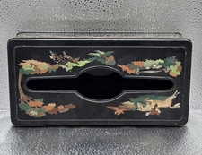 Vintage Black Metal Tissue Box Painted Fox Hunt Horse Dog!