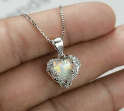2Ct Heart Cut Fire Opal Heart Shape Pendant 14K White Gold Finish 18'' Free Chain