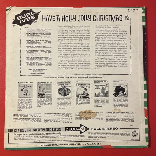 Burl Ives Have A Holly Jolly Christmas LP Decca Stereo Holiday 1st Press VG-!!!! - Picture 4 of 4