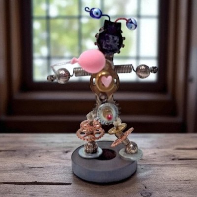 Clockwork Steampunk Robot Figurine W/ Balloon 5.5'' H Outsider Art Handmade